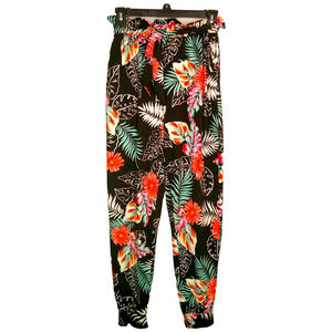 Full Circle Trends Women's Medium Black Tropical Floral Jogger Pants with Tie wa